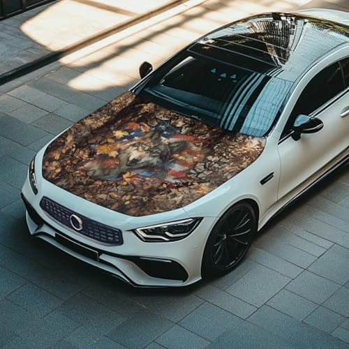 Image of Car Hood Cover Wolf American Flag Stretchable 59x39 Inches Car Hood Wraps Vehicles Banner Outdoor Decorations for Compact Sedans SUV Trucks
