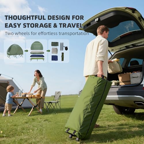 Outsunny 2-Person Tent Cot, 4-in-1 Folding Tent Combo with Air Mattress, Foot Pump, Carry Bag, Off Ground Travel Cot for Camping, Hiking, Backpacking