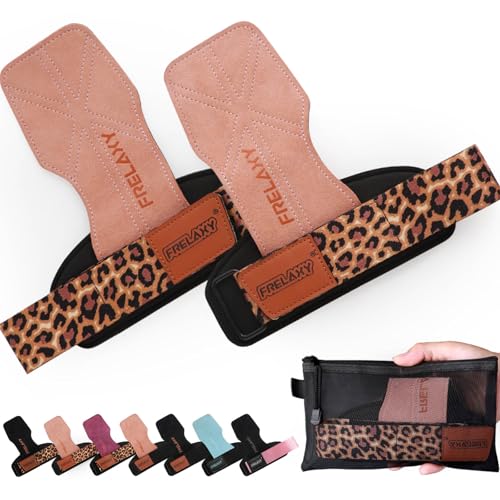 Frelaxy Lifting Wrist Straps Women and Men, Weight Lifting Grips with Cushion Wrist Loop, Double Layer Leather and Storage Pouch, Gym Workout Straps for Deadlift and Powerlifting