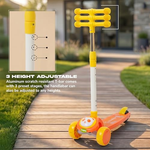 Image of Baybee Bambo Skate Scooter for Kids | 3 Wheel Kick Scooter with LED Wheels & Deck Lights with Music | 3 Height Adjustable Handle & Brake | Foldable Scooter for Kids 3 to 8 Years Boys & Girls (Orange)