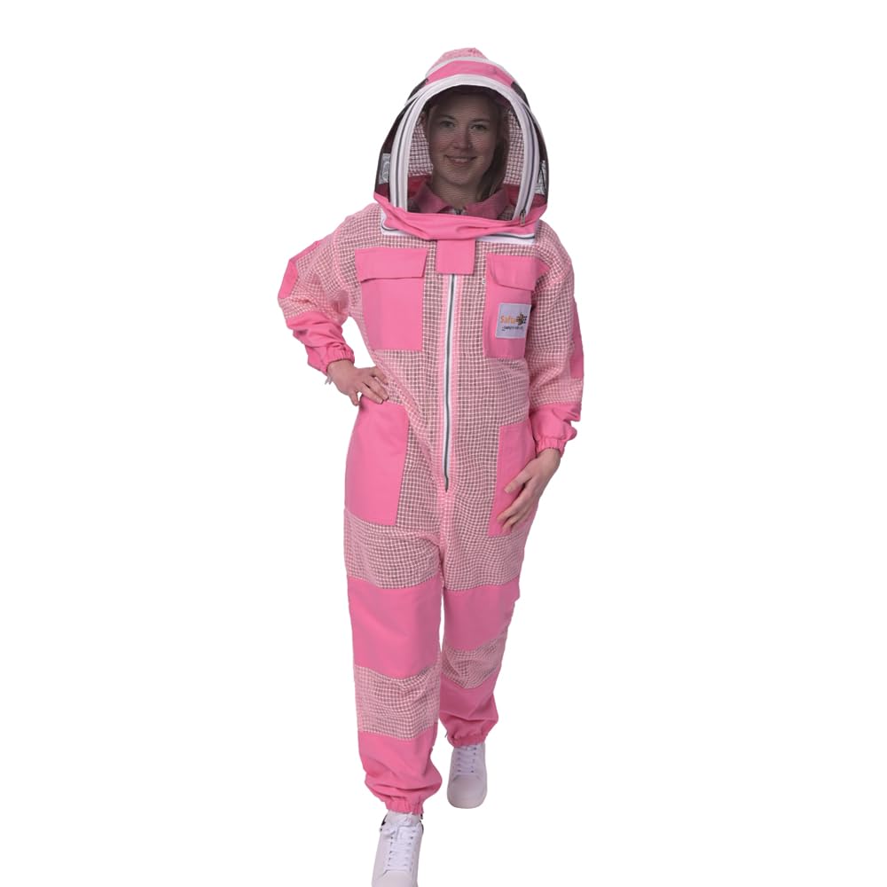 SAFTA Bee Pro 3 Layer Ventilated Beekeeping Suit, Beekeeper Suit For Professional Beekeepers, with Fencing Beekeeping Veil, (Pink, Large)