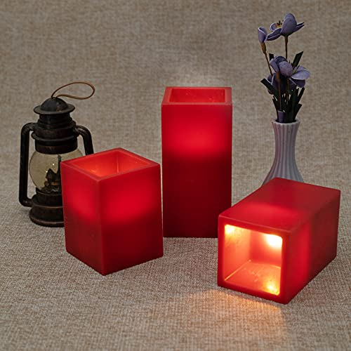 Jepluspenny Red Flameless Candles Battery Operated Set Of 3, 6 Square Ivory Wax And Amber Yellow Flame, Auto-Off Timer Remote Control, Large Fake Battery Powered Candles (Red-Cube-Set 3) #TOP4
