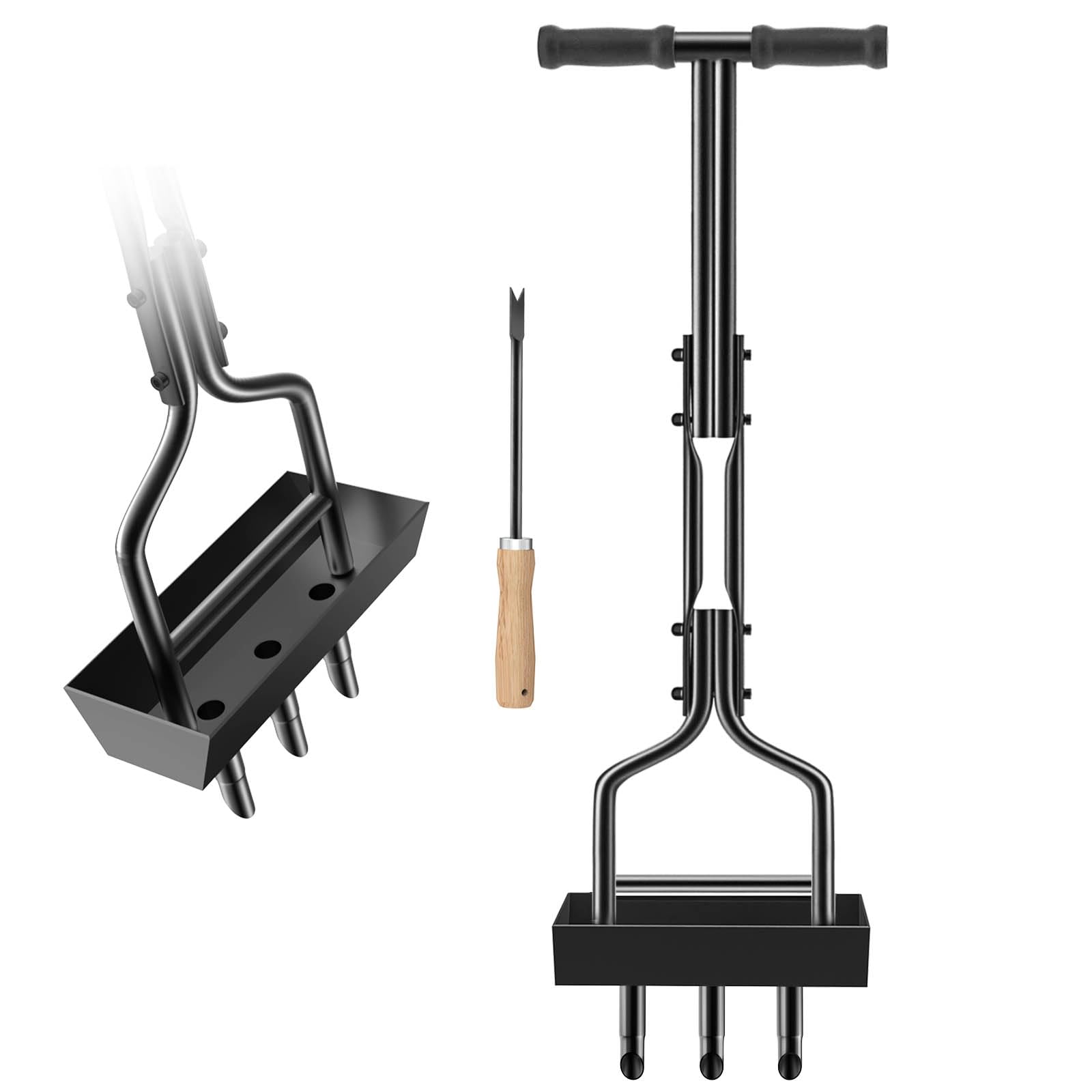 vanpein Lawn Aerator Coring Tool Plug Aeration Manual 3 Core with Core Collection Storage Box, Hollow Tine Plug Core Aerators for Compacted Soils and Lawns Yard Garden, Black-3 Tine — image 1