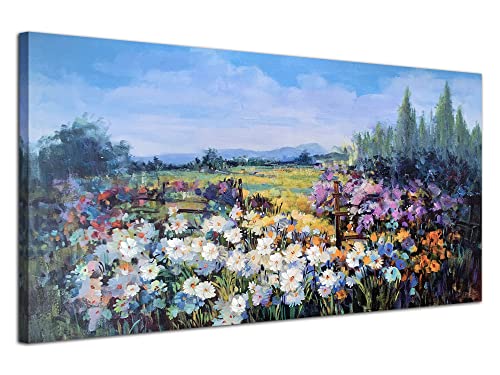 Acocifi Wildflowers Daisy Canvas Wall Art Summer Colorful Flower Painting Field Picture Natural Landscape Framed Rustic Scenery Large Textured Artwork For Living Room Bedroom Home Office Decor 48"X24" #TOP3