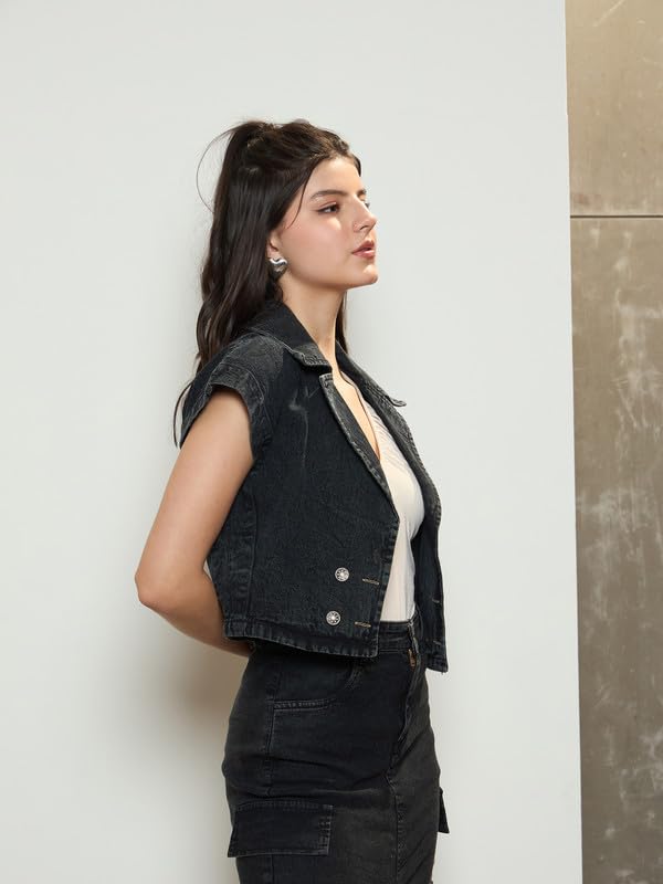 barcino Black Washed Denim Front Open Gilet - Image 3 thumbnail