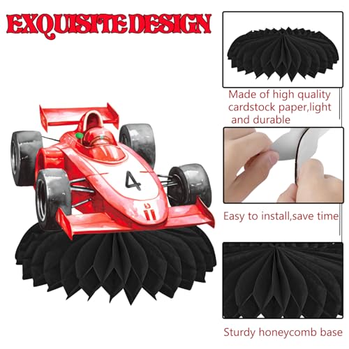 Image of Need Four Speed Birthday Honeycomb Centerpieces 12Pcs Race Car 4th Birthday Party Decorations Red Racing Car Table Centerpieces for Checkered Flag Racing Baby Shower Supplies
