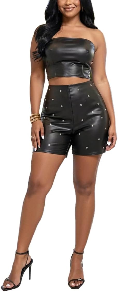 Women 2 Piece Outfits PU Leather Crop Top with Studs and Shorts Going Out Set
