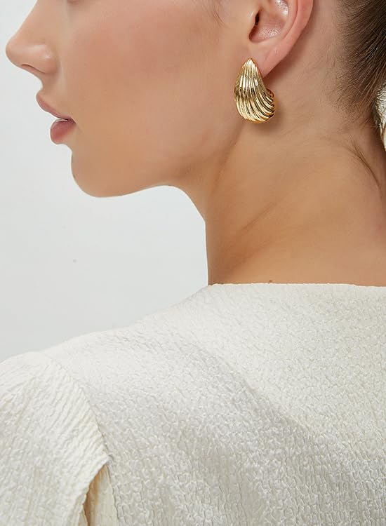 Teardrop Gold Chunky Hoop Trendy Earrings for Women, Shell Hollow Hyperallergenic 14K Gold Plated Drop Earrings Fashion Jewelry Gift3
