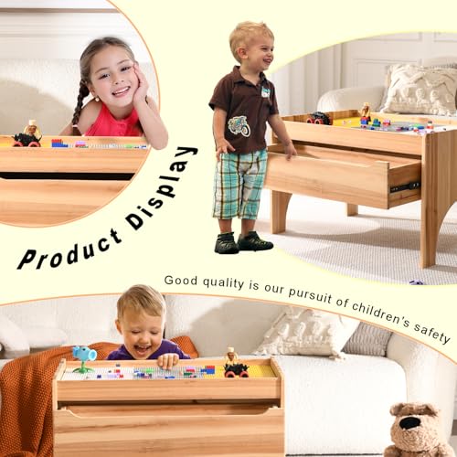 Image of BIRASIL Wooden Kids Activity Table with Storage, Multi-Purpose Sensory Table for Children, Play Table Compatible with Building Block Board for Preschool Toddler Boy & Girl (Classic-with Drawer)