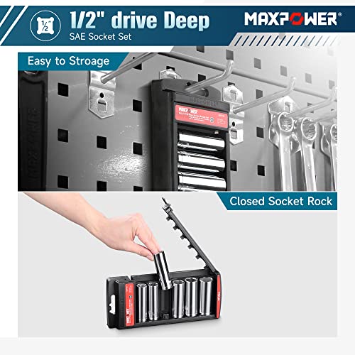Maxpower 6Pcs 1/2" Drive Deep Socket Set, Sae, 6-Ponit Sockets #TOP5