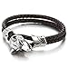 COOLSTEELANDBEYOND Stainless Steel Mens Wolf Head Bracelet with Brown Genuine Braided Leather