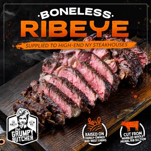 Grumpy Butcher 4-Steak Gift Box – 2 Ribeye Steaks (12 oz) & 2 Top Sirloin Steaks (6 oz) – Frozen USDA-Choice Angus Beef Sampler | Gourmet Steak Gift Package for Holiday, Birthday & BBQ Grill