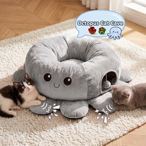 Image of Cat Tunnel Bed for Indoor Cats, Peekaboo Cat Cave Bed with 20 Pcs Cat Toys, Soft Cat Donut Tunnel for Kitten Large Cats, Grey Octopus