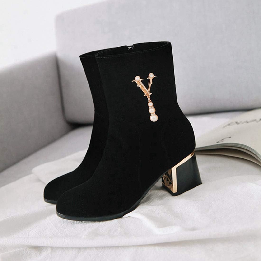 VOKLIN Women's Fashion Dress Ankle Boots Sparkle Pearls Round Toe Zipper Chunky Mid Heel Wedding Short Bootie