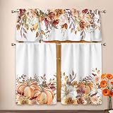 Renaiss Fall Pumpkin Kitchen Curtains Set Autumn Floral Leaf Linen Tier Curtains and Valance Set 24 Inch Thanksgiving Farmhouse Small Curtain Drapes for Cafe Living Room Bathroom Rod Pocket 3 Panels