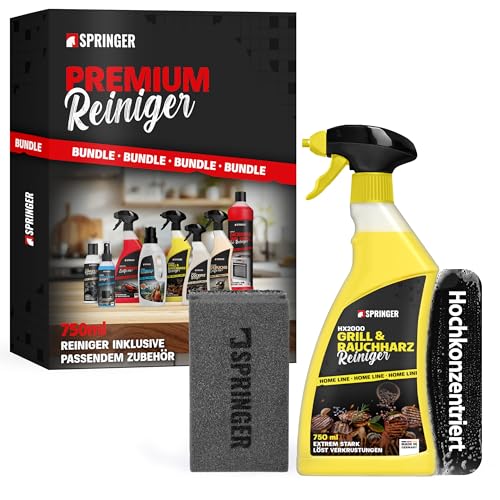 SPRINGER HX2000 - - Grillreiniger 750 ml + Grillschwamm - - Made in Germany - - Rauchharzentferner für hartnäckigen Schmutz & Eingebranntes - - Backofen-Reiniger für Guss, Edelstahl, Glas etc.