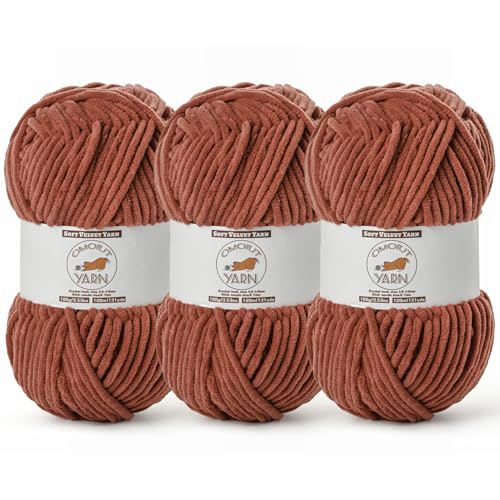 3 Pack Rust Fluffy Velvet Yarn for Crocheting, Chunky Chenille