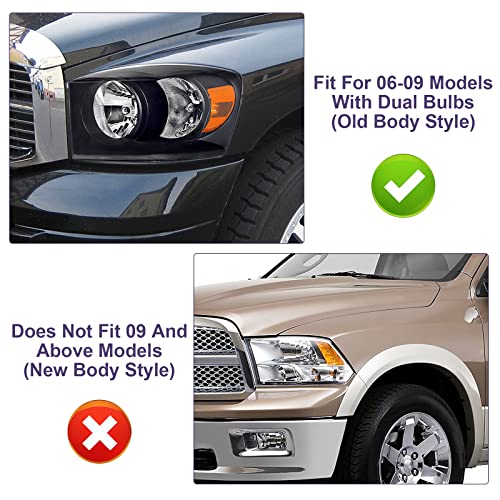 Bincmay Anti-Fogging Headlight Assembly Fit For 06 07 08 2006 2007 2008 Dodge Ram 1500, 06 07 08 09 2006 2007 2008 2009 Ram 2500/3500 Driver And Passenger Side (Black Housing Amber Reflector) #TOP6