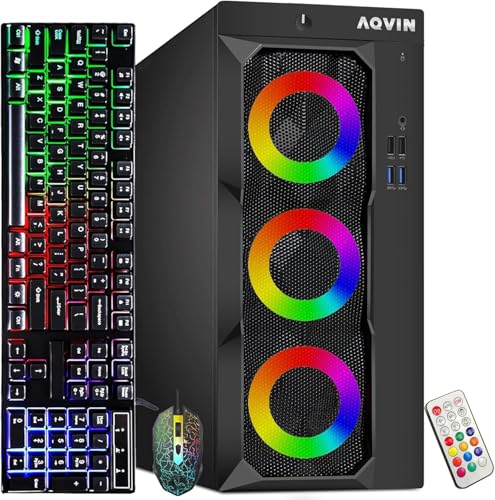 AQVIN LuminaRings Gaming PC Tower, GeForce GTX 1650 4GB, Intel Core i7 Processor up to 4.0GHz, 16GB DDR4 RAM, 256GB NVMe SSD, WiFi, Windows 11 Pro (Renewed)