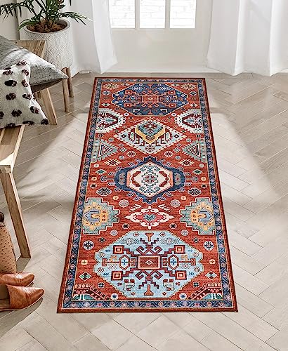Lahome Ultra-Thin Red Washable Rug Runner 2X5, Boho Medallion Laundry Room Rug Low Profile Hallway Rug Runner, Persian Tribal Non Slip Indoor Floor Carpet Runner For Living Room Kitchen Bedside #TOP20