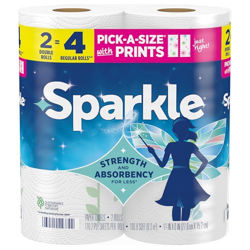 Sparkle Pick-A-Size Paper Towels, Spirited Prints, 2 Double Rolls, Strong 2 Ply Towels for Kitchen Cleanup and Everyday Messes