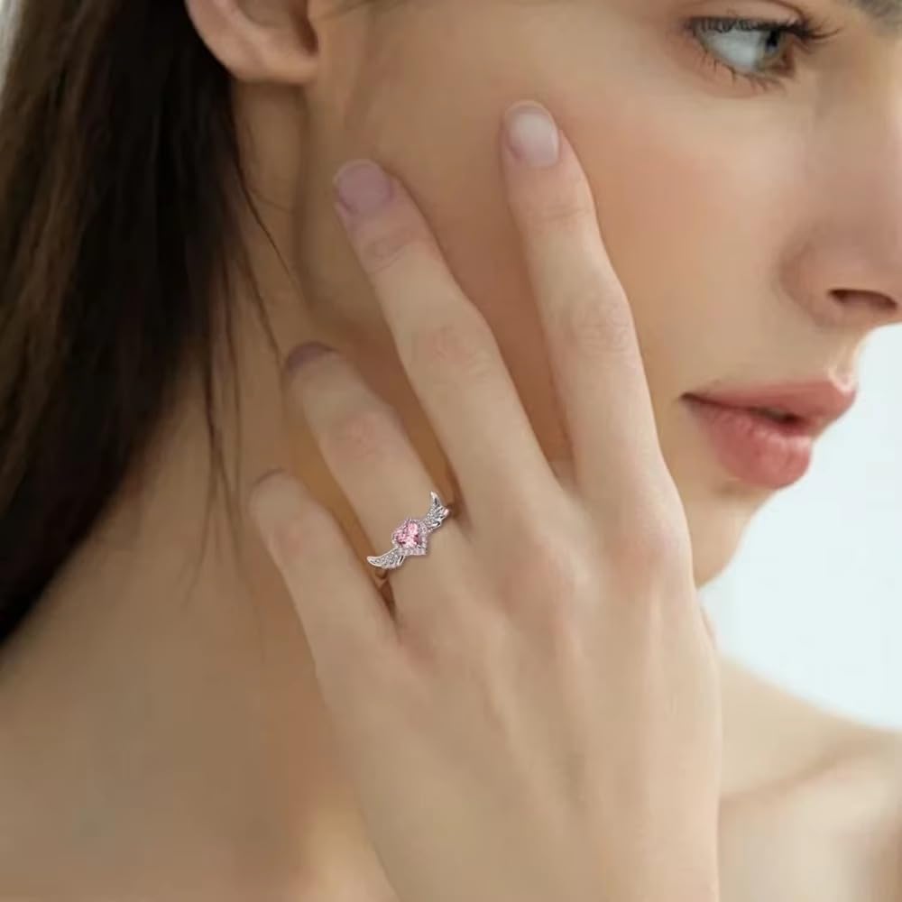 Pink Angel Wings Heart Rings, Adjustable Opening Size Rings for Women, Angel Memorial Ring with Heart Gemstone, Promise Ring Best Birthday Gift Christmas Gifts - Image 3