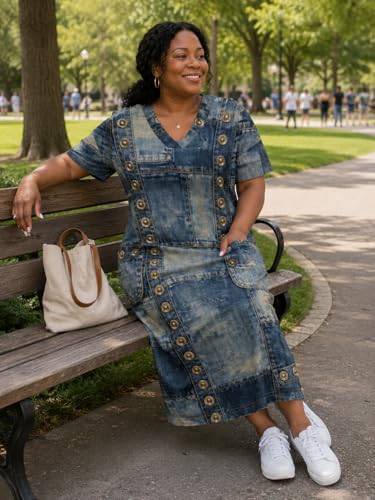 Image of SUZONANA Plus Size Denim Print Maxi Dresses for Women Casual V Neck Short Sleeve with Pockets Soft Jean Look Dress XL-6XL