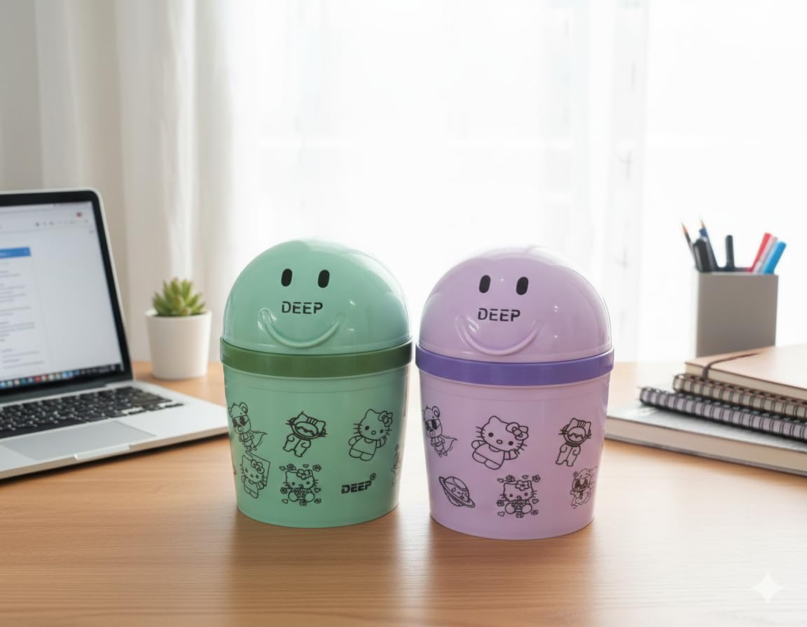 Deep Plastics Mini Desktop Trash Bin with Smiley Face Lid, Cute Cartoon Character Design, Small Waste Container for Desk, Bathroom, Vanity (green and purple)