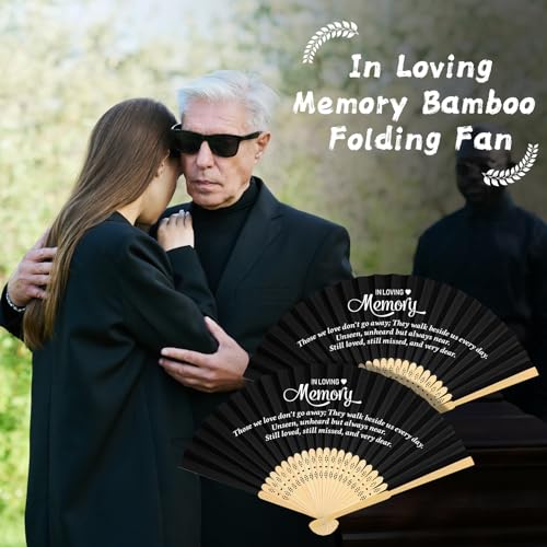 Image of Threehoney 25 Pack Funeral Favors for Guests in Loving Memory Handheld Fans Black Paper Folding Hand Fan Bulk Funeral Gifts for Services Condolence Sympathy Accessories
