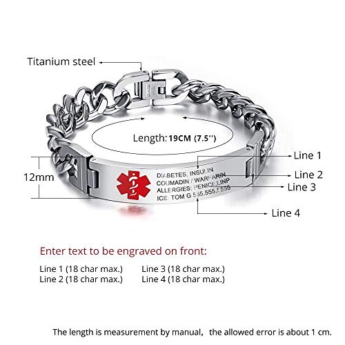 Lam Hub Fong LF101353-2470-2516/17/21/22 Emergency Medical Alert Bracelets For Women Men Free Engrave Medical Id Bracelets 7.5 To 9.5 Inches Non Tarnish Titanium Steel Medical Alert Id Bracelet thumb #1