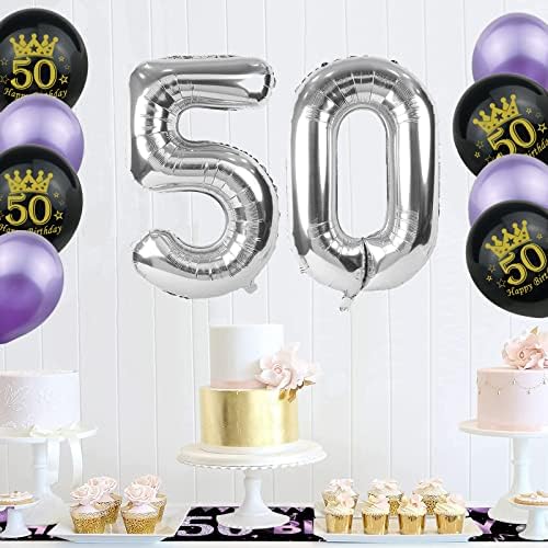 Adisno Birthday Decorations, Glittery Happy Birthday Banner, Birthday Decoration Kit with Balloons for Men Women Birthday Party Decorations Supplies (Purple 50th birthday decoration kit)