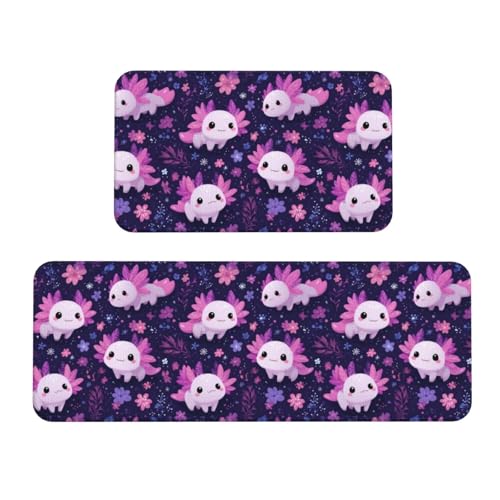 GVYGVY Antifatigue Kitchen Mats for Floor 2 Piece - Cute Axolotl Floral Print Kitchen Rugs Washable, Non Slip Runner Rug Standing Mat for Office/Bathroom/Laundry/Home Decor and Accessories