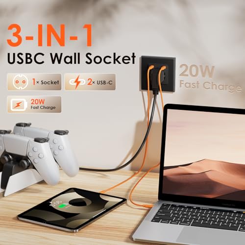 BSEED Schuko Steckdose mit Type C 20W Schnellladeger&auml;t, Typ C + Typ C Steckdose Unterputz, 1 Fach EU-Standard Wandsteckdose mit Glas Platte, 86mm, Schwarz