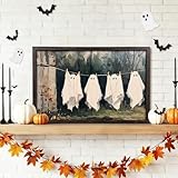Vintage Halloween Wall Art Funny Ghost Wooden Framed Painting Prints Poster Halloween Decorations Retro Dark Academia Aesthetic Room Decor for Bathroom Bedroom Living Room Farmhouse Home Laundry