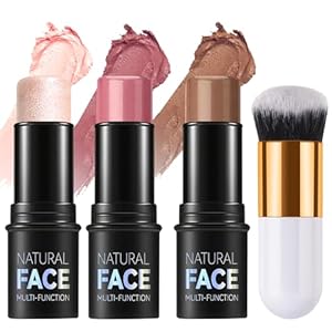 3Pcs Contour Highlighter Blush Sticks with Brush – Cream Contour Bronzer Stick for Cheeks Eyes Lips, Long Lasting Waterproof Smooth Makeup Sticks for All Skin Type Face Makeup