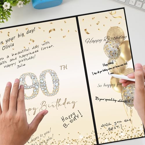 Image of DARUNAXY Black Gold 90th Birthday Party Decorations, Happy 90th Birthday Alternative Signature Guest Book for Men Women Cheers to 90 Years Old Gifts 90 Birthday Signing Card Board Party Supplies