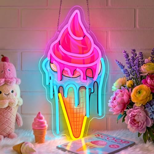 Image of Ice Cream Neon Sign for Wall Decor Dimmable Ice Cream Led Neon Sign for Ice cream Shop Birthday Party Bedroom Bar Drink Shop Wall Decoration USB Powered