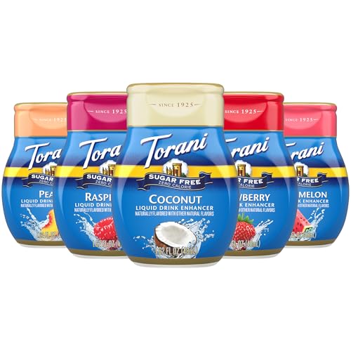 Torani Sugar Free Liquid Drink Enhancer, Water Flavoring Variety 5-Pack, Watermelon, Peach, Raspberry, Strawberry, and Coconut, 1.62 Oz Ea