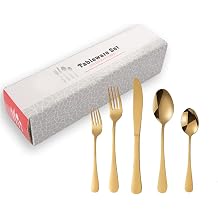 Kitchen Utensils Set,Kitchen Starter Set,20 Piece Stainless Steel Cutlery Set Flatware Set Tableware Dinnerware Steak Fork Spoon, Service for 4-Golden