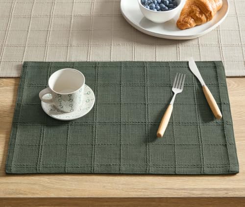 ZeeMart Linen Checked Farmhouse Placemats Set of 6, Army Green 13x19in
