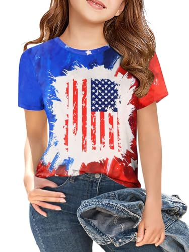 Image of CAZYCHILD Girls American Flag Patriotic Shirt Boys 4th of July Short Sleeves Tshirt USA Clothes for Kids 5-14Y