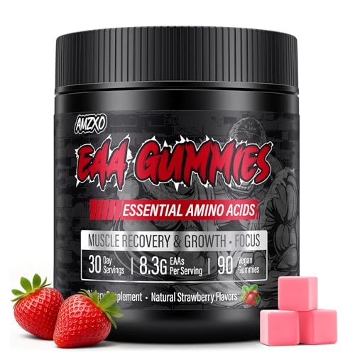EAA Gummies - 2:1:1 BCAA Formula (8300mg) - Essential Amino Acids for Muscle Recovery & Endurance - Non-GMO Gluten Free Sugar Free Vegetarian Strawberry Flavor - 90 Count