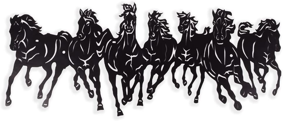 LAKHAJI Indian Handmade Metal Antique Modern Lucky 7 Running Horses Black Color Wall Mounted and Hanging Sculpture Artwork for Good Luck for Home Office (Hourse B 530)