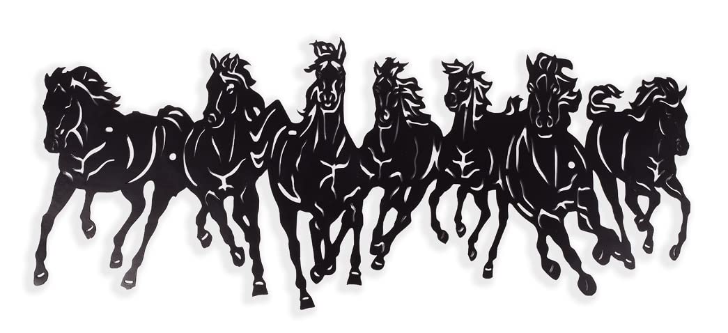 LAKHAJI Indian Handmade Metal Antique Modern Lucky 7 Running Horses Black Color Wall Mounted and Hanging Sculpture Artwork for Good Luck for Home Office (Hourse B 530)
