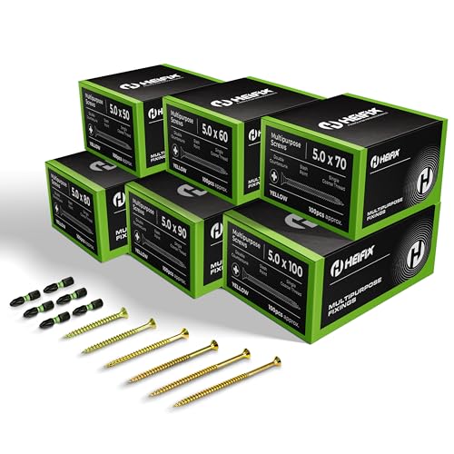 Heifix 600-Piece Wood Screw Pozi Double Countersunk Assortment Bundle (5 x 50, 5 x 60, 5 x 70, 5 x 80, 5 x 90, 5 x 100) - FREE Screw Bit Included (Set Of 600)