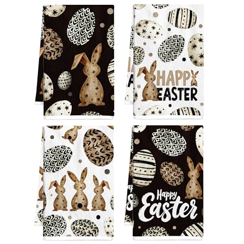 MOIZYNG Happy Easter Kitchen Towels Set of 4 Black Rabbit Bunny Egg Leaves Hand Towels Dish Cloth Spring Farmhouse Kitchen Bathroom Home Holiday Seasonal Decorations 16x24 Inches