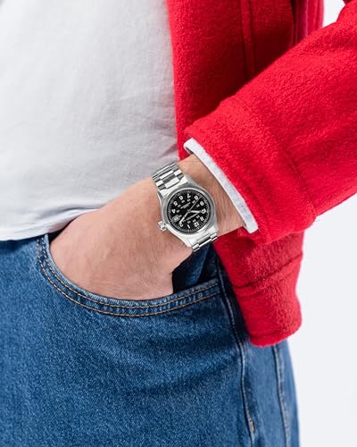 Image of Hamilton Khaki Field Automatic Men's Watch, 38mm Stainless Steel Case, Swiss Made, Black Dial Analog Wrist Watch for Men, 100m Waterproof, Sapphire Crystal, 3-Hand Movement, Stainless Steel Strap