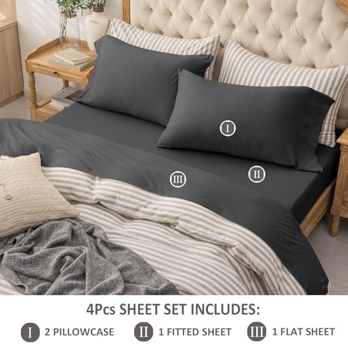 PURE ERA Jersey Knit 4pc Bed Sheet Set 100% T-Shirt Cotton Super Soft Comfy Breathable Fits Mattress Up to 20" Extra Deep Pocket (Solid Deep Grey, Queen)