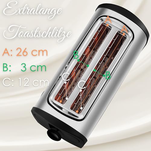 Steinborg Toaster 4 Scheiben mit Brötchenaufsatz XXL Langschlitztoaster Edelstahl Blaue LED Beleuchtung Toastautomat Automatische Abschaltung Doppelschlitztoaster Familientoaster Toastgerät