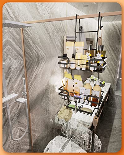 Swtymiki Over The Door Shower Caddy With Double Soap Holder, Stainless Steel Hanging Shower Organizer With 16 Hooks No Drilling Hanging Shower Caddy Over Door To Organize Bathroom Essentials, Black #TOP1